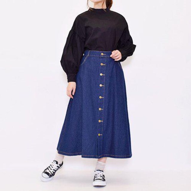ランキング獲得 前開き金色マットゴールドボタン台形ロングブルーデニムスカート 日本製 女性ファッション スカート Ozvs Me
