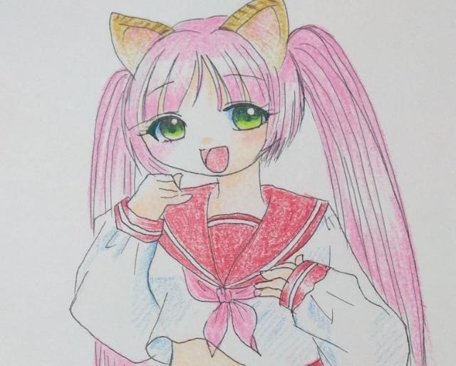 とももん/手描きイラスト2点 手描きイラスト。小色紙。獣耳の女の子 おもいだす
