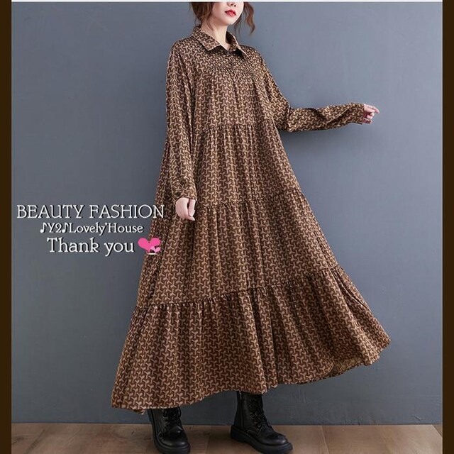 3l4l レトロふんわりロングワンピース 茶系 女性ファッション 新品 中古のオークション モバオク No